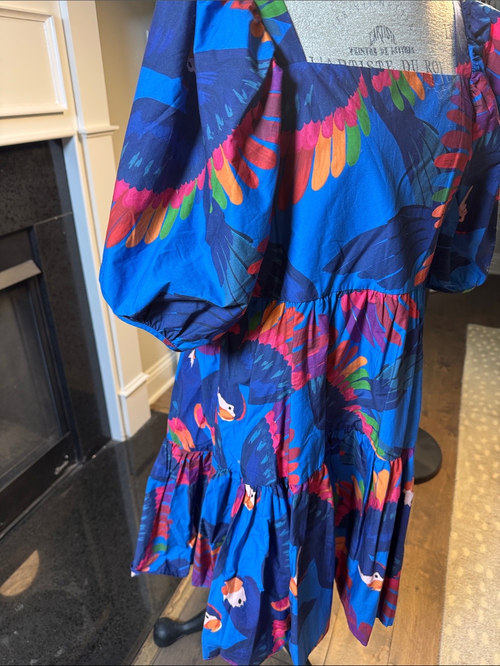 Farm Rio rainbow macaw mini dress Blue Puff Sleeve. - Picture 9 of 9
